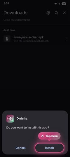 Downloads screen with the Install button highlighted
