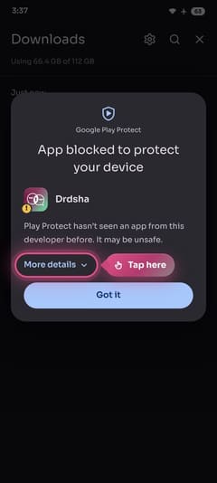 Play Protect dialog with More details highlighted