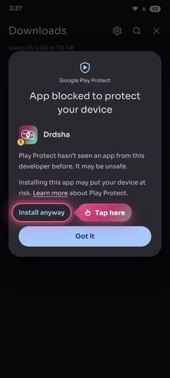 Play Protect screen with Install anyway highlighted